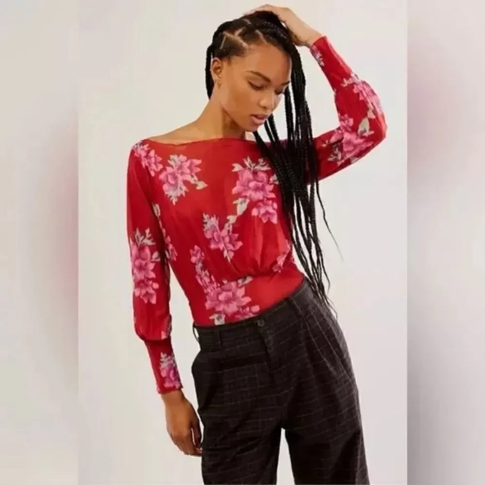 NWOT Free People Undercover Bodysuit XS Floral Thong Off Shoulder Long Sleeve